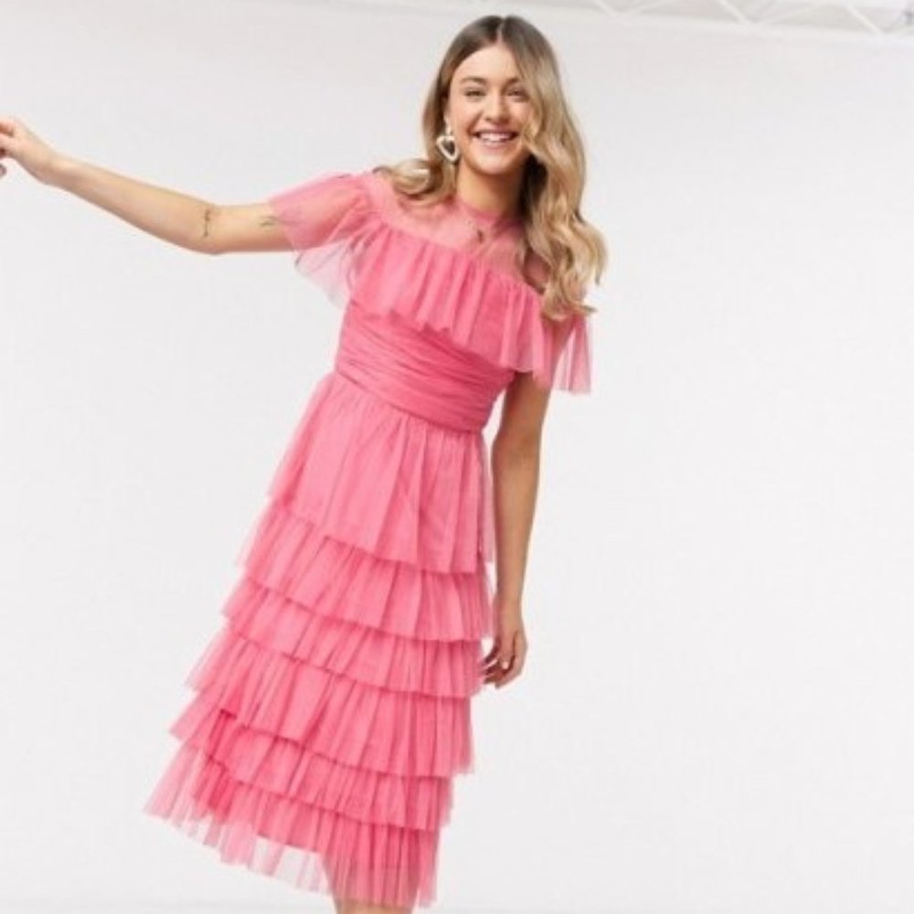 ASOS Anaya Pink Ruffle Tiered Midi Dress